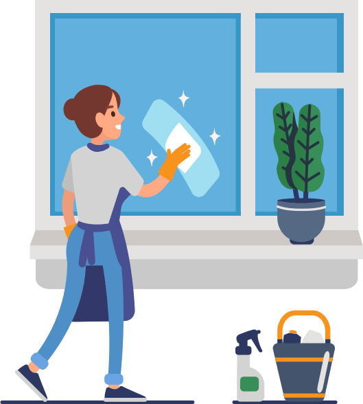 一个卡通女人用环保清洁产品清洁窗户